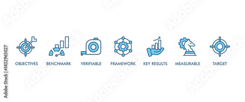 OKR banner web icon set vector illustration concept for objectives and key results with icon of objective, key results, target, framework, benchmark, measurable, and verifiable