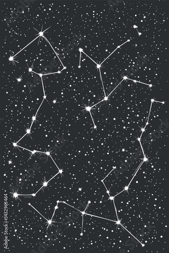 Illustration of multiple star constellations connected by lines in a star-filled night sky