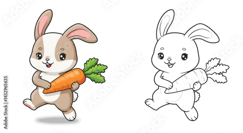 Cute Rabbit Holding Carrot: A charming illustration presents a delightful cartoon rabbit holding a vibrant orange carrot.
