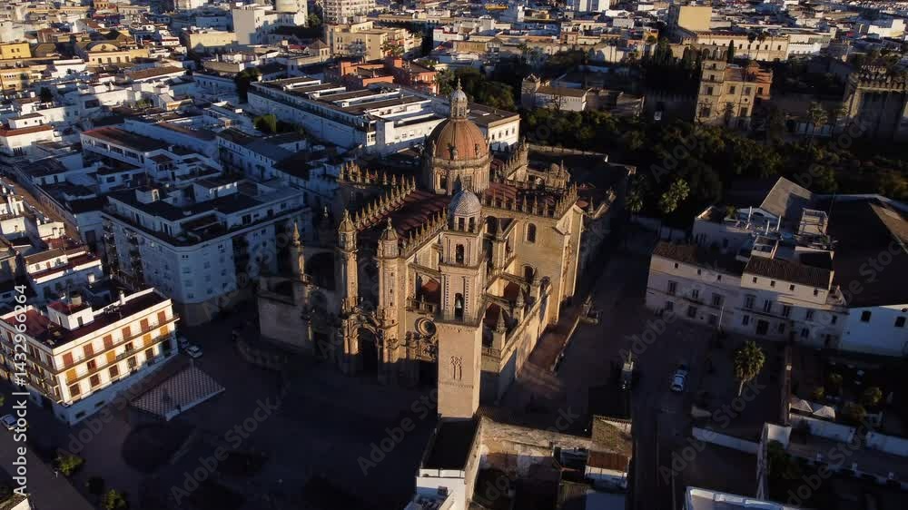 Cathedral of Jerez de le Frontera Aerial Orbit at Golden Hour