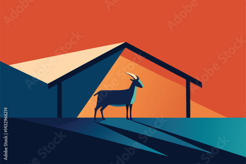 goat sheltering under sheet metal lean to .eps
