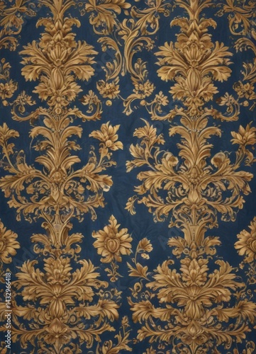 Elegant gold and blue floral damask, luxury seamless repeat, repeat, detail