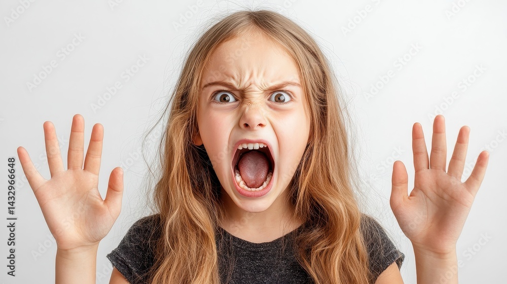 Excited child expressing strong emotions with raised hands and a loud shout indoors Excited child expressing strong emotions with raised hands and a loud shout indoors