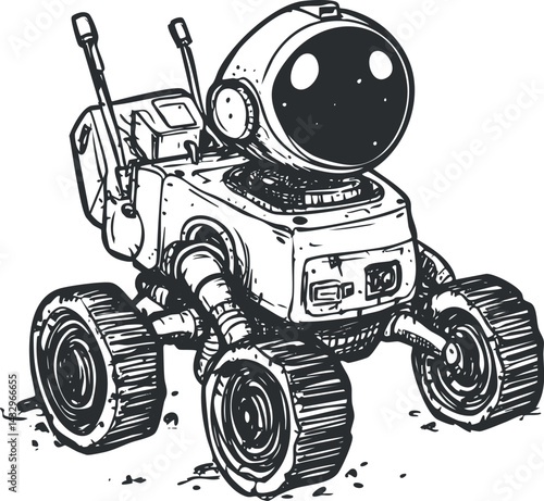 Cartoon style illustration of a robotic space rover with wheels designed for exploration on rough terrain
