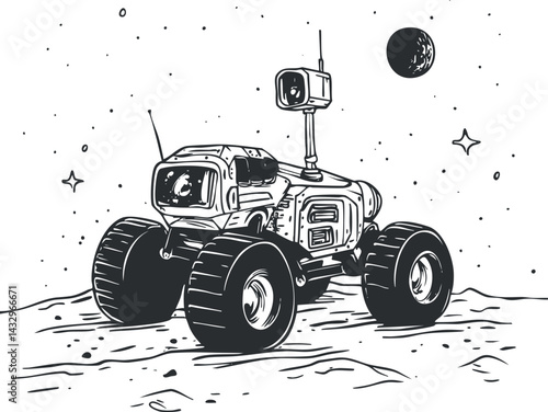 Black and white illustration of a robotic space rover exploring a moon surface under stars and a distant planet.