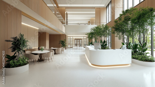Fototapeta Naklejka Na Ścianę i Meble -  modern co working space featuring bright, open lobby with natural light, greenery, and elegant furnishings, creating welcoming atmosphere for collaboration