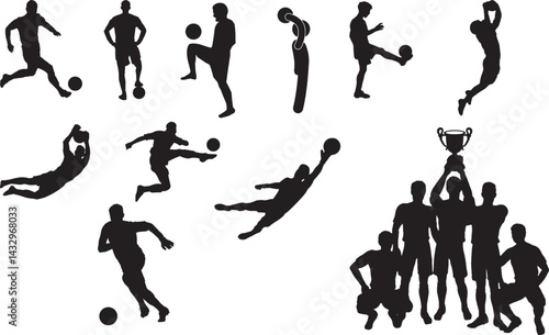 football silhouette, soccer player, kicking ball, football action, team celebration, soccer trophy, goalkeeper save, football jump, soccer pass, football dribble, silhouette footballer, winning moment