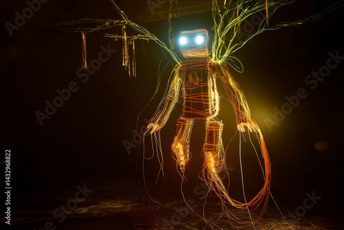 Obraz na płótnie Glowing robot with wire roots and luminous eyes floating in dark space, symbolic image ideal for tech evolution, emotional AI and surreal futuristic concepts. w salonie