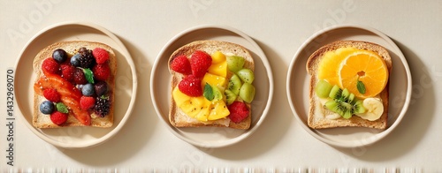 Variation of gluten free foods. Three colorful fruit toast presentations on minimalistic plates, showcasing vibrant toppings like berries, bananas, and citrus fruits.