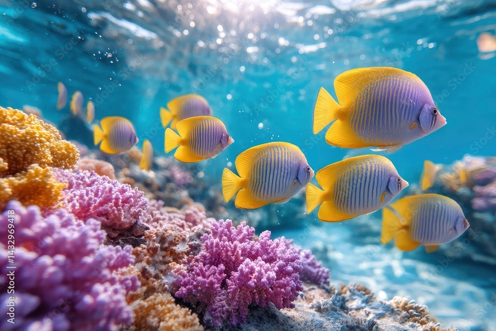 Fototapeta premium Yellow and Purple Fish Swimming Over Coral Reef