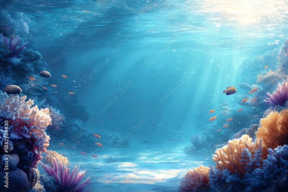 Naklejka premium Underwater Coral Reef with Fish and Sunlight