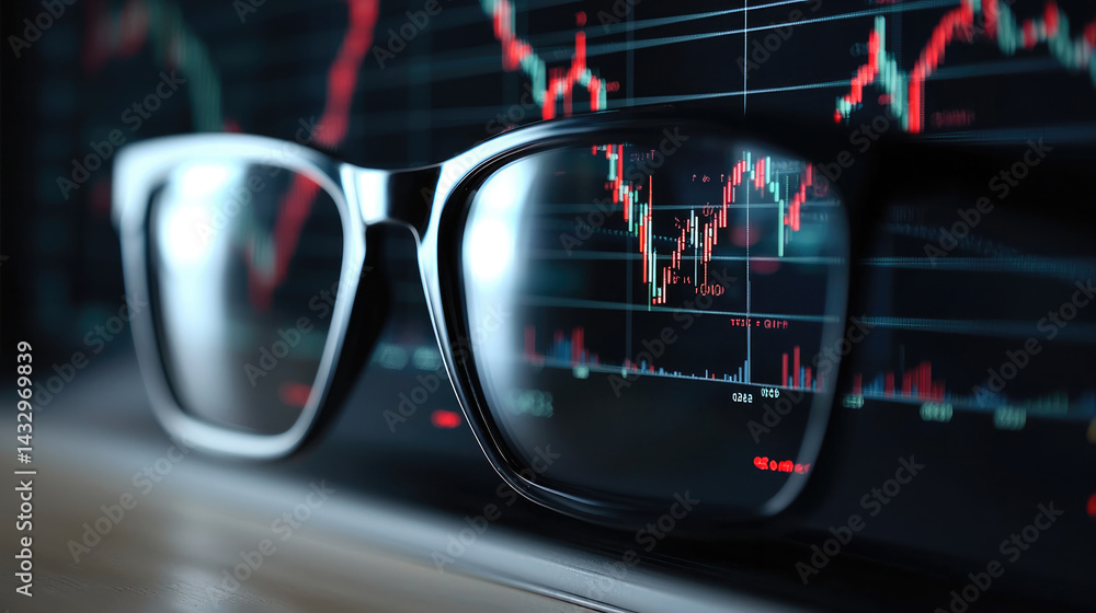 Modern eyeglasses reflect stock market data, showcasing financial trends and analysis. glasses symbolize clarity and insight into investment opportunities