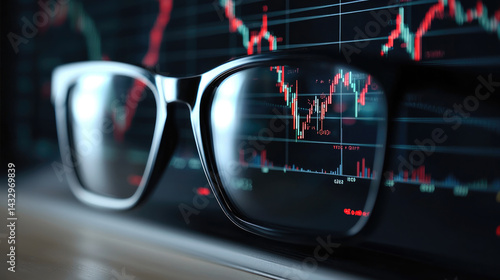 Obraz na płótnie Modern eyeglasses reflect stock market data, showcasing financial trends and analysis. glasses symbolize clarity and insight into investment opportunities w salonie