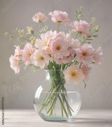 Delicate pastel watercolor flowers in a glass vase, soft hues , romantic, purple
