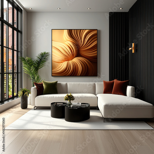 Obraz na płótnie Modern living room with stylish sofa, decorative cushions, and large artwork on wall. space features natural light, plants, and cozy atmosphere, perfect for relaxation w salonie