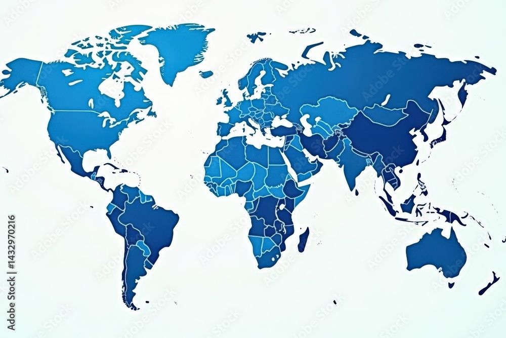 Obraz premium Geographical representation of the world featuring prominent countries and their borders in blue and white hues , nations, country names, continents