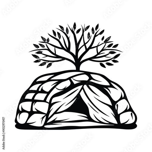 Black Tree Silhouette On Top Of Stone Structure Isolated On White Background