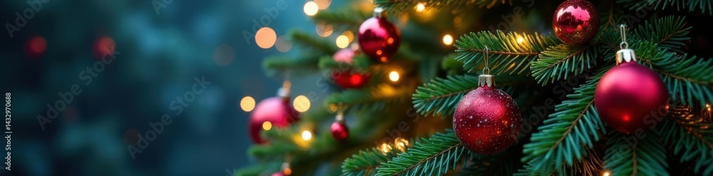 Dense foliage of a Christmas tree covered in colorful glass balls and fairy lights, christmas tree, glowing lights, ornamental ball Dense foliage of a Christmas tree covered in colorful glass balls and fairy lights, christmas tree, glowing lights, ornamental ball