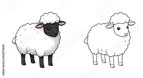Woolly Companions: Two charming cartoon sheep, one color and one outline, showcasing the innocence and purity of farm animals.