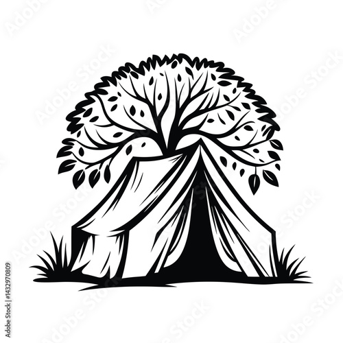 Monochrome Silhouette Tent Under Round Tree with Leaves and Grass, Minimalist Design
