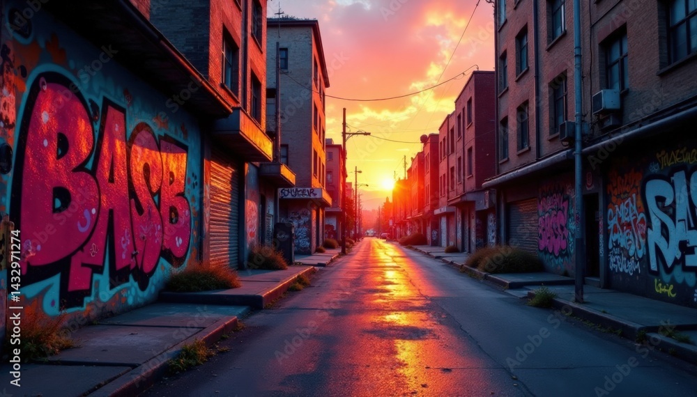 Obraz premium Distressed urban cityscape with graffiti at sunset, modern, texture, edge