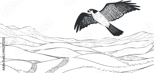 Black and white illustration of a falcon soaring over rolling hills and mountainous landscape in flight