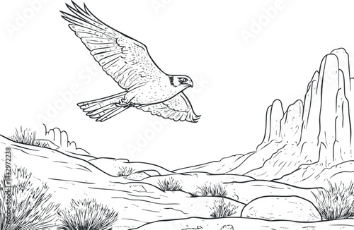 Black and white line drawing of a falcon flying over a desert landscape with mountains and bushes