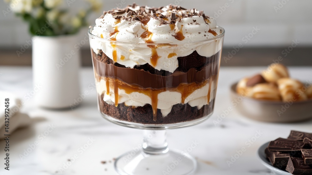 A layered chocolate parfait in a glass, with whipped cream, caramel drizzle, and chocolate shavings. A layered chocolate parfait in a glass, with whipped cream, caramel drizzle, and chocolate shavings.