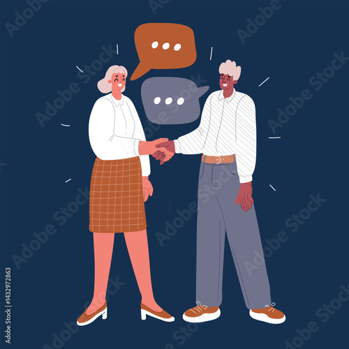 Cartoon vector illustration of a man and woman shaking hands, representing collaboration, partnership, and mutual respect against dark background
