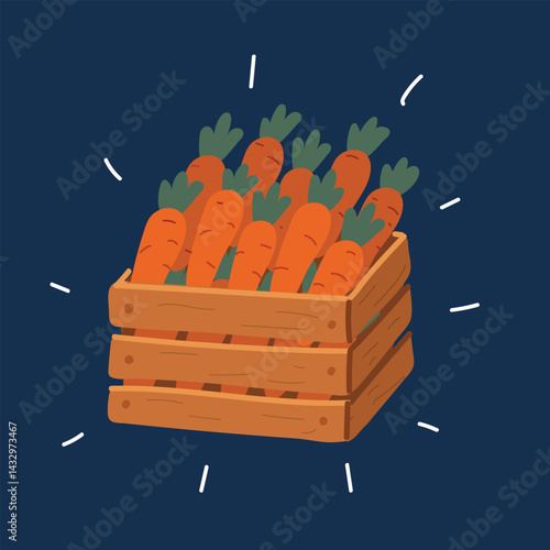 Cartoon vector illustration of a crate filled with fresh carrots, symbolizing harvest and healthy, natural produce against dark background