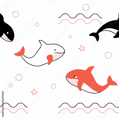 Hand Drawn Seamless Vector Cute ocean creatures like whales and dolphins swim playfully in whimsical pattern, creating joyful underwater scene, on white background, commercial use