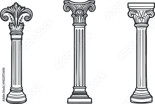 Illustration of three classical architectural columns representing Corinthian, Ionic, and Doric styles in black and white