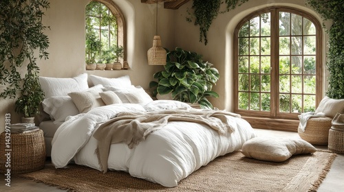 Rustic bedroom with plants, and natural light.