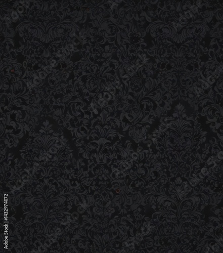 Intricate black gothic damask wallpaper, seamless floral vines , wall covering, motif, detail