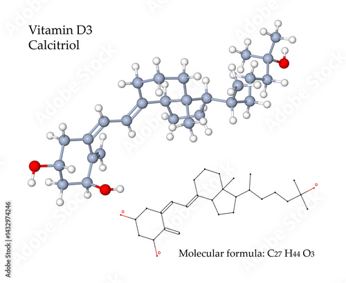 Vitamin D3 Calcitriol. Drugs and supplements are used for treatment of osteoporosis, hypocalcaemia, rickets, kidney disease and immune support - 3d illustration of molecule (on transparent background)