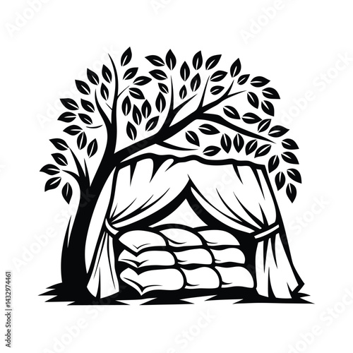 Black Silhouette of Tree with Lush Foliage and Structured Fabric Draping Over Stacks