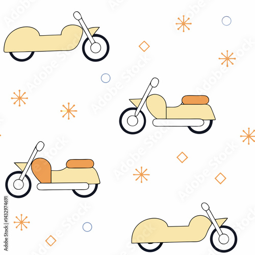 Hand Drawn Seamless Vector Colorful motorcycles with sidecars in seamless pattern, creating playful and vibrant design, on white background, commercial use