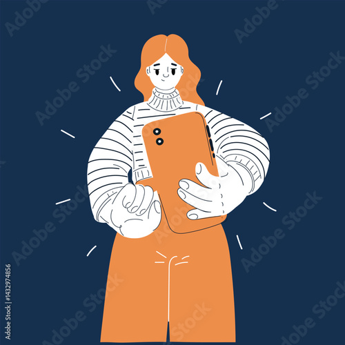 Cartoon vector illustration of a woman taking a photo of us with her smartphone, capturing the moment with joy and spontaneity