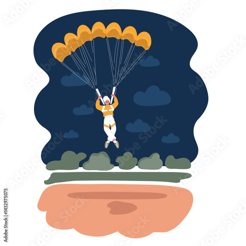 Cartoon vector illustration of a woman parachuting down, symbolizing bravery, exploration, and the thrill of freedom against dark background