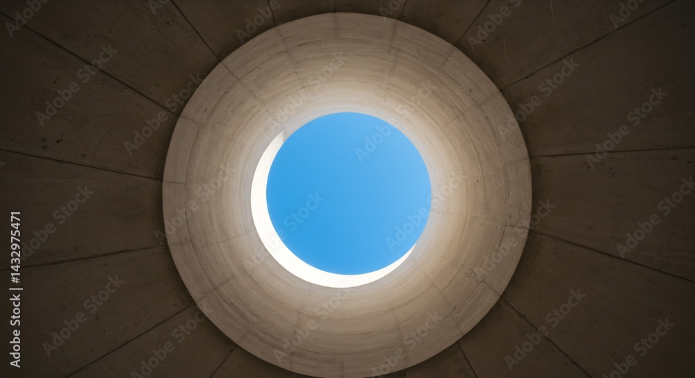 Fototapeta premium Abstract Architectural Design: Circular Concrete Structure with a Skylight Revealing a Vivid Blue Sky