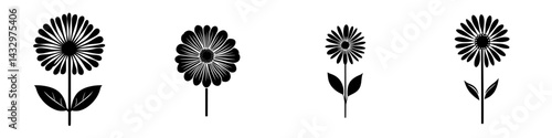 Various simple black flower icons suitable for design applications, emphasizing different shapes and leaf styles