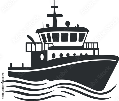 Black silhouette illustration of a boat sailing on ocean waves with a detailed bridge and hull design