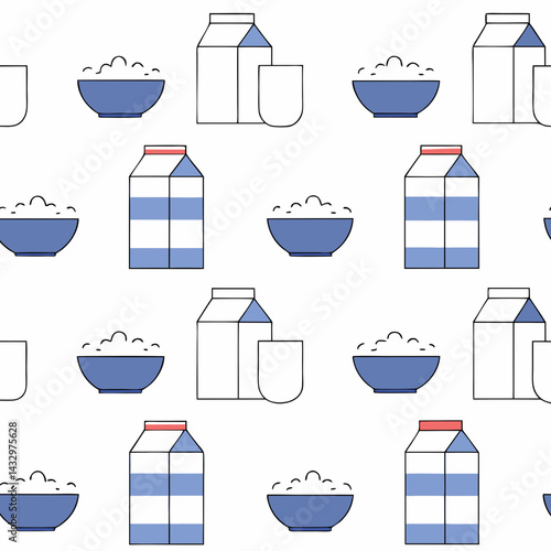 Hand Drawn Seamless Vector Milk cartons and cereal bowls create playful and colorful seamless pattern, perfect for breakfast themes, on white background, commercial use