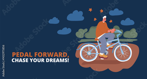 Cartoon vector illustration of a man riding a bicycle, symbolizing adventure, freedom, and the joy of exploration against dark background