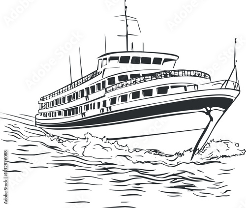 Black and white line drawing of a passenger ferry boat moving through water with waves.