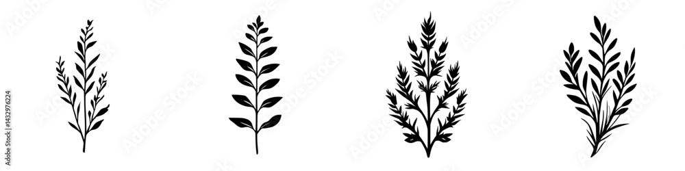 Black icon set featuring various botanical designs highlighting foliage and plant shapes for artistic and decorative use Black icon set featuring various botanical designs highlighting foliage and plant shapes for artistic and decorative use