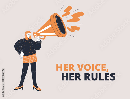 Cartoon vector illustration of a woman shouting through a megaphone, symbolizing female empowerment, leadership, and bold communication