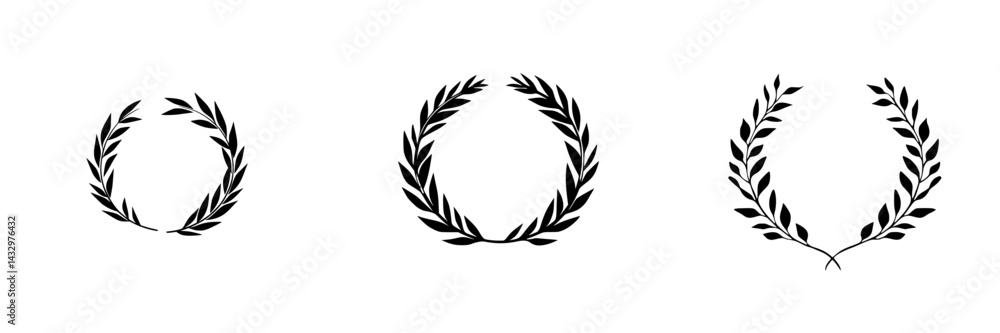 Three black laurel wreath icons arranged in a row on a plain white background, suitable for use in various designs and themes Three black laurel wreath icons arranged in a row on a plain white background, suitable for use in various designs and themes