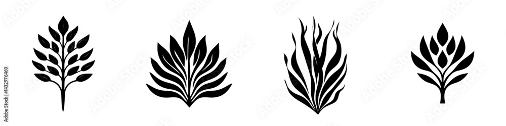 Distinctive black icons showcasing botanical designs in varying styles and shapes for creative projects Distinctive black icons showcasing botanical designs in varying styles and shapes for creative projects