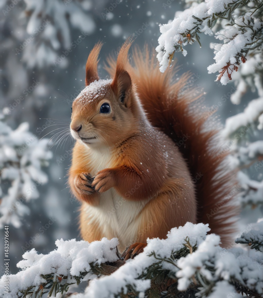 Fluffy red squirrel nestled in snowy branches, snowflakes falling , beautiful, woodland Fluffy red squirrel nestled in snowy branches, snowflakes falling , beautiful, woodland
